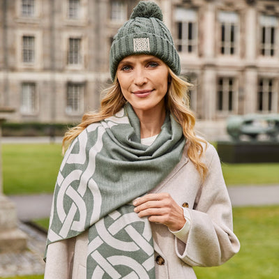 Book of Kells Cable Knit Bobble Hat in Thyme Green