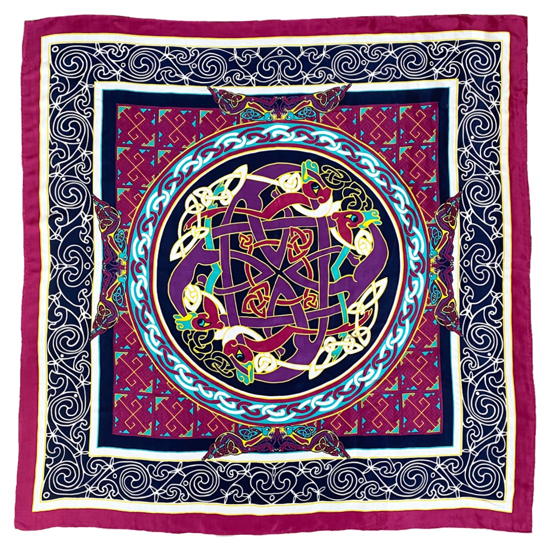 Book of Kells Celtic Silk Scarf in Burgundy & Navy