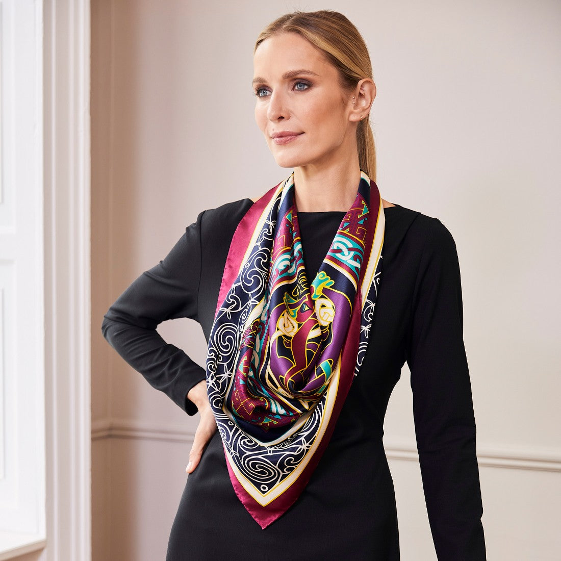 Book of Kells Celtic Silk Scarf in Burgundy & Navy