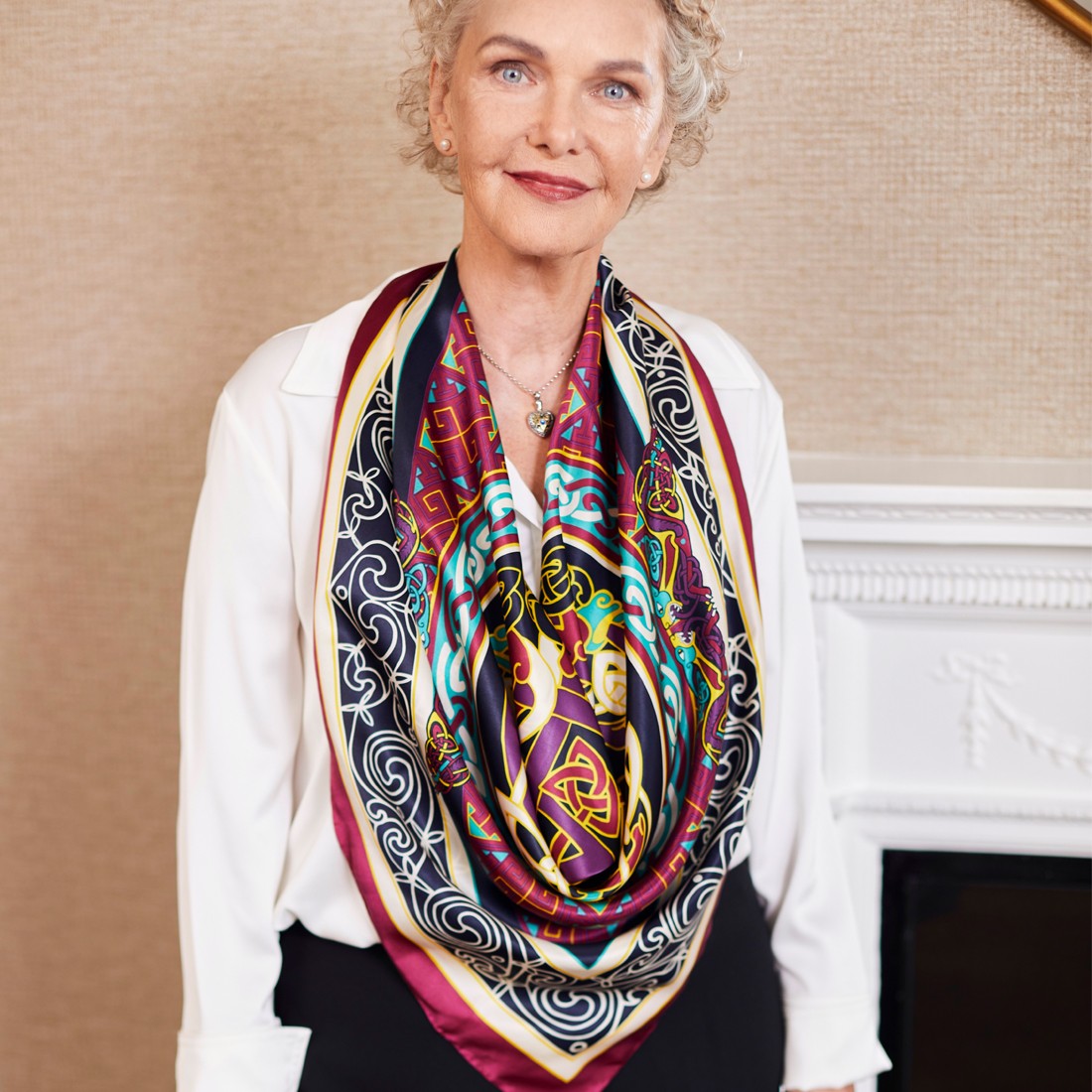 Book of Kells Celtic Silk Scarf in Burgundy & Navy