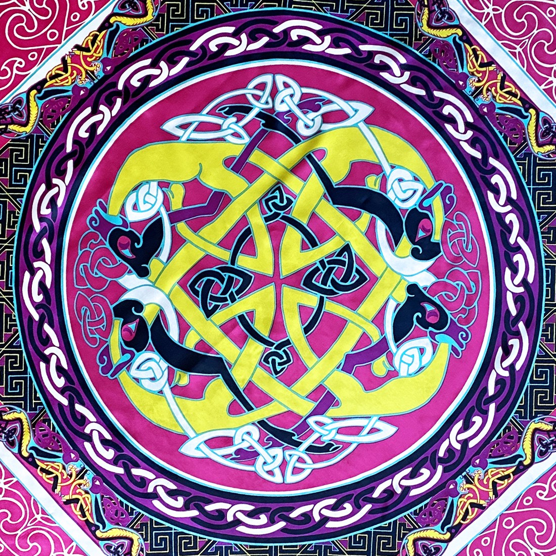 Book of Kells Celtic Silk Scarf in Cerise Pink & Lime