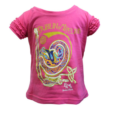 Book of Kells Cerise Pink Celtic Swirl Frill Girls T-shirt