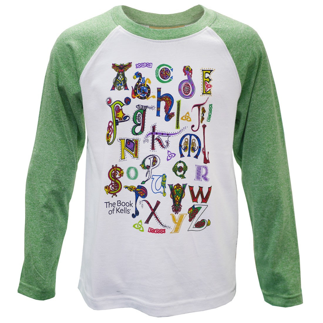 Book of Kells White/ Green Grindle Alphabet Kids Long Sleeve Raglan T-shirt