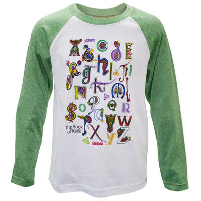 Book of Kells White/ Green Grindle Alphabet Kids Long Sleeve Raglan T-shirt