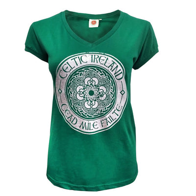 Cead Mile Failte Ladies V-neck T-shirt in Power Green