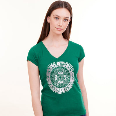Cead Mile Failte Ladies V-neck T-shirt in Power Green