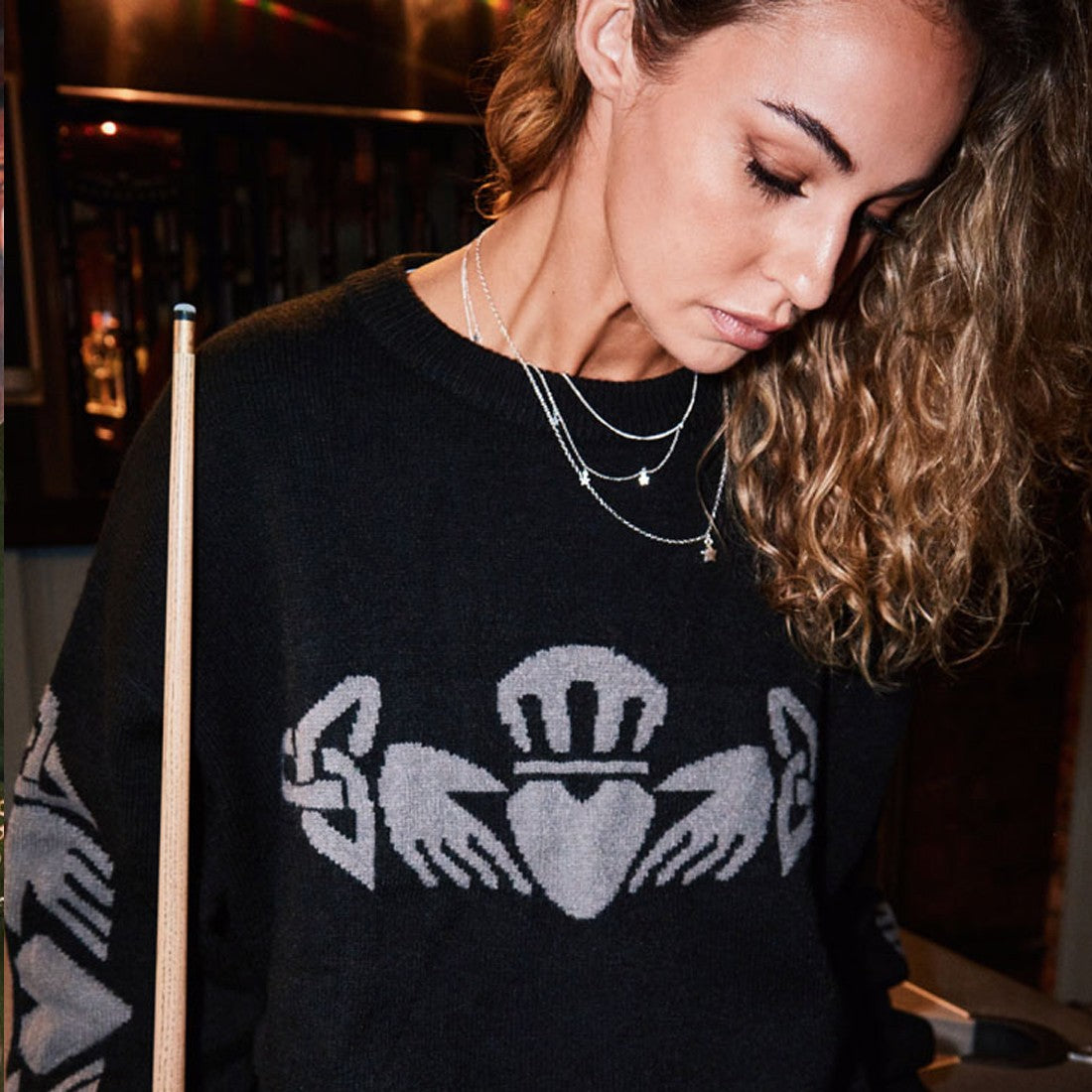 Claddagh Crew Neck Jumper in Black & Grey