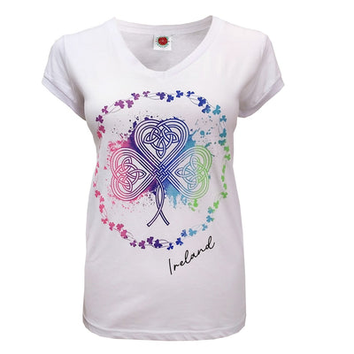 Coloured Shamrock Ladies V-Neck in White