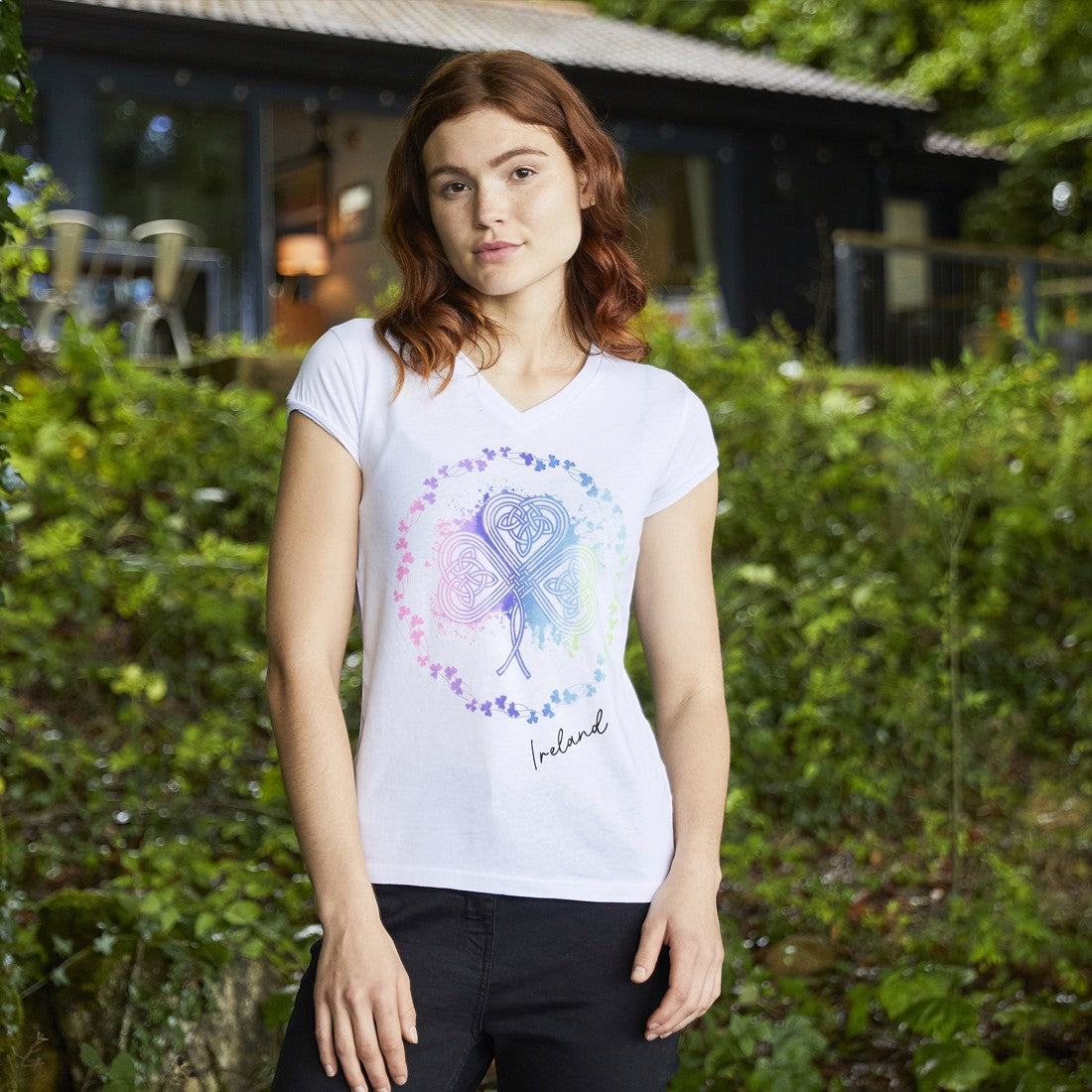 Coloured Shamrock Ladies V-Neck in White