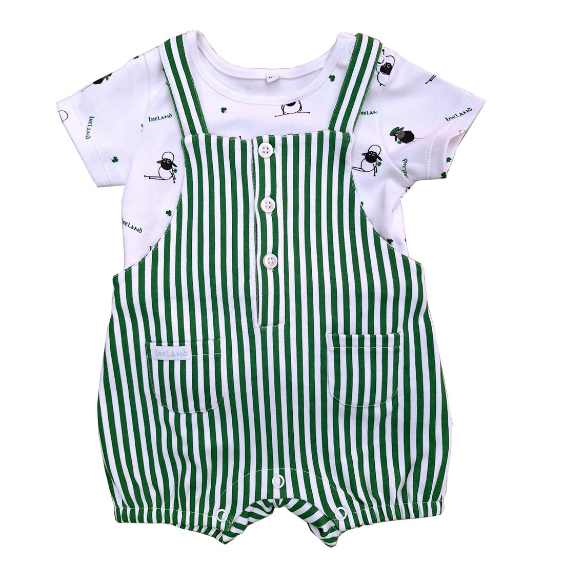 Flaherty Baby Dungarees in Green & White