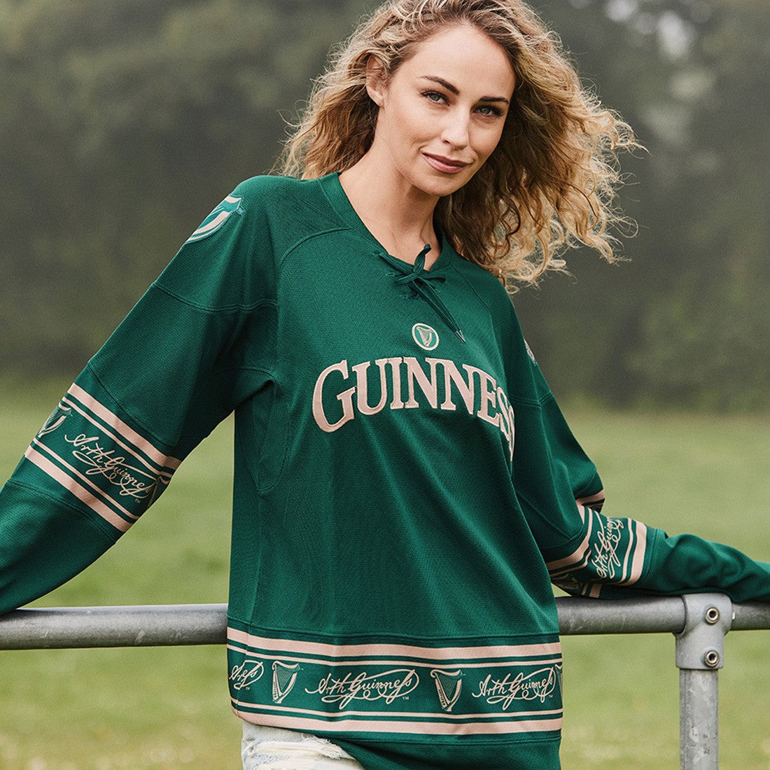 Guinness Toucan Mesh Long Sleeve Top in Green & Gold