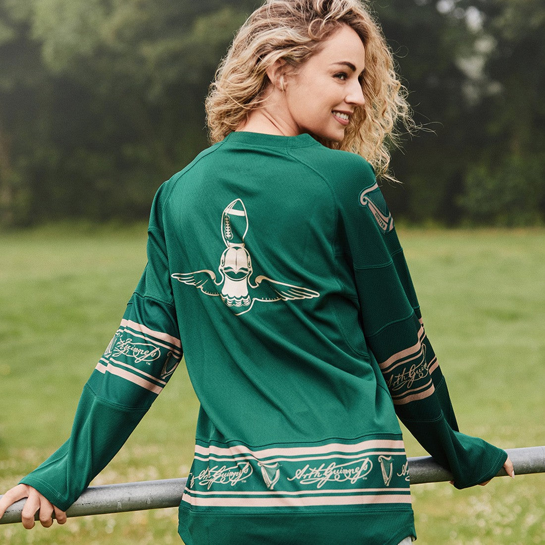 Guinness Toucan Mesh Long Sleeve Top in Green & Gold