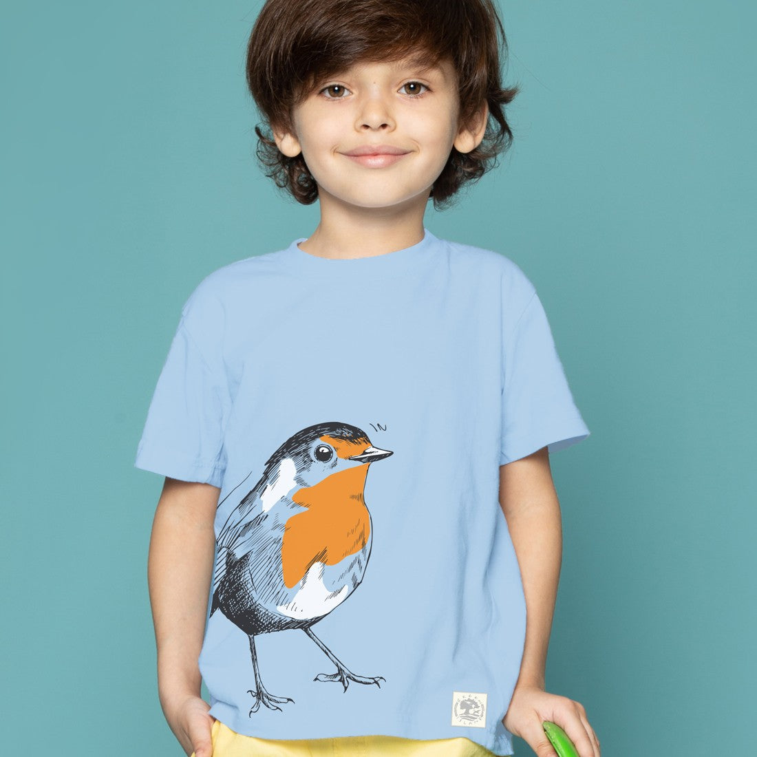 Green Island Robin Sketch Kids T in Blue