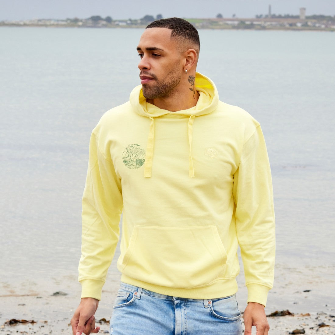 Green Island Lighthouse Sketch Cross Hoodie in Yellow