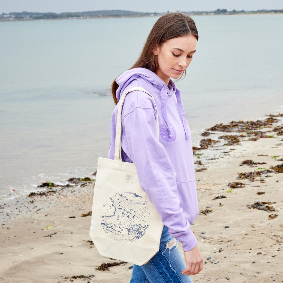 Green Island Lighthouse Sketch Tote Bag in Natural & Blue