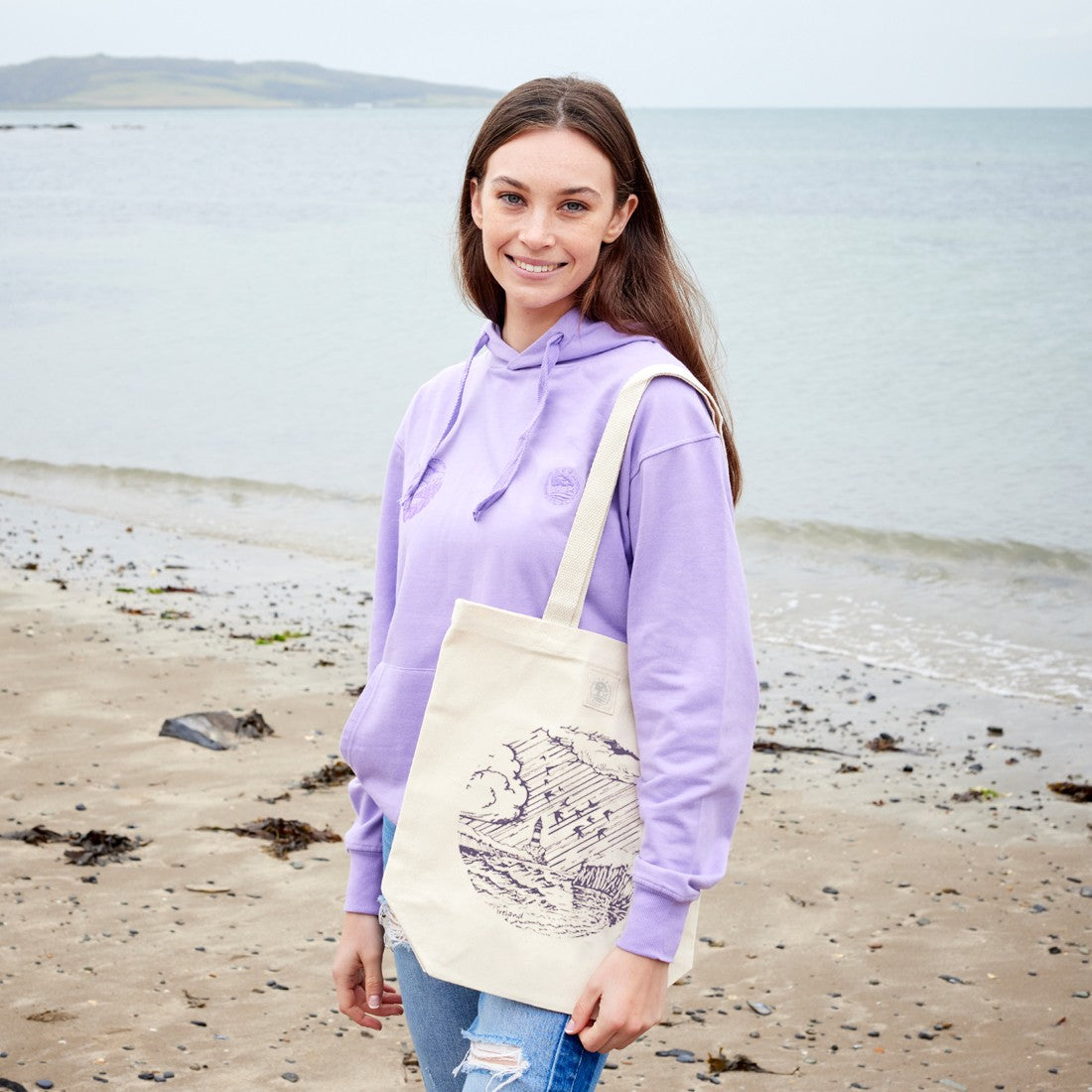 Green Island Lighthouse Sketch Tote Bag in Natural & Lilac