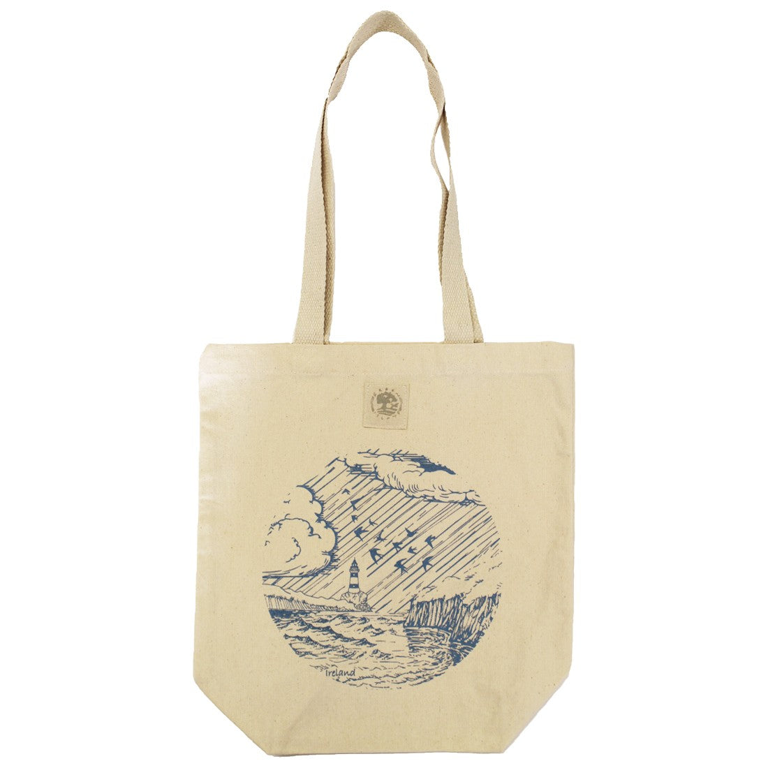 Green Island Lighthouse Sketch Tote Bag in Natural & Blue