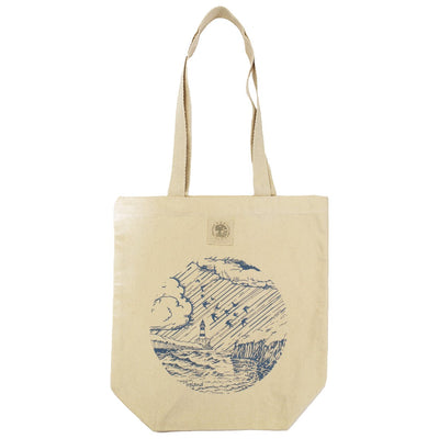 Green Island Lighthouse Sketch Tote Bag in Natural & Blue