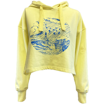 Green Island Lighthouse Sketch Cropped Ladies Hoodie in Yellow