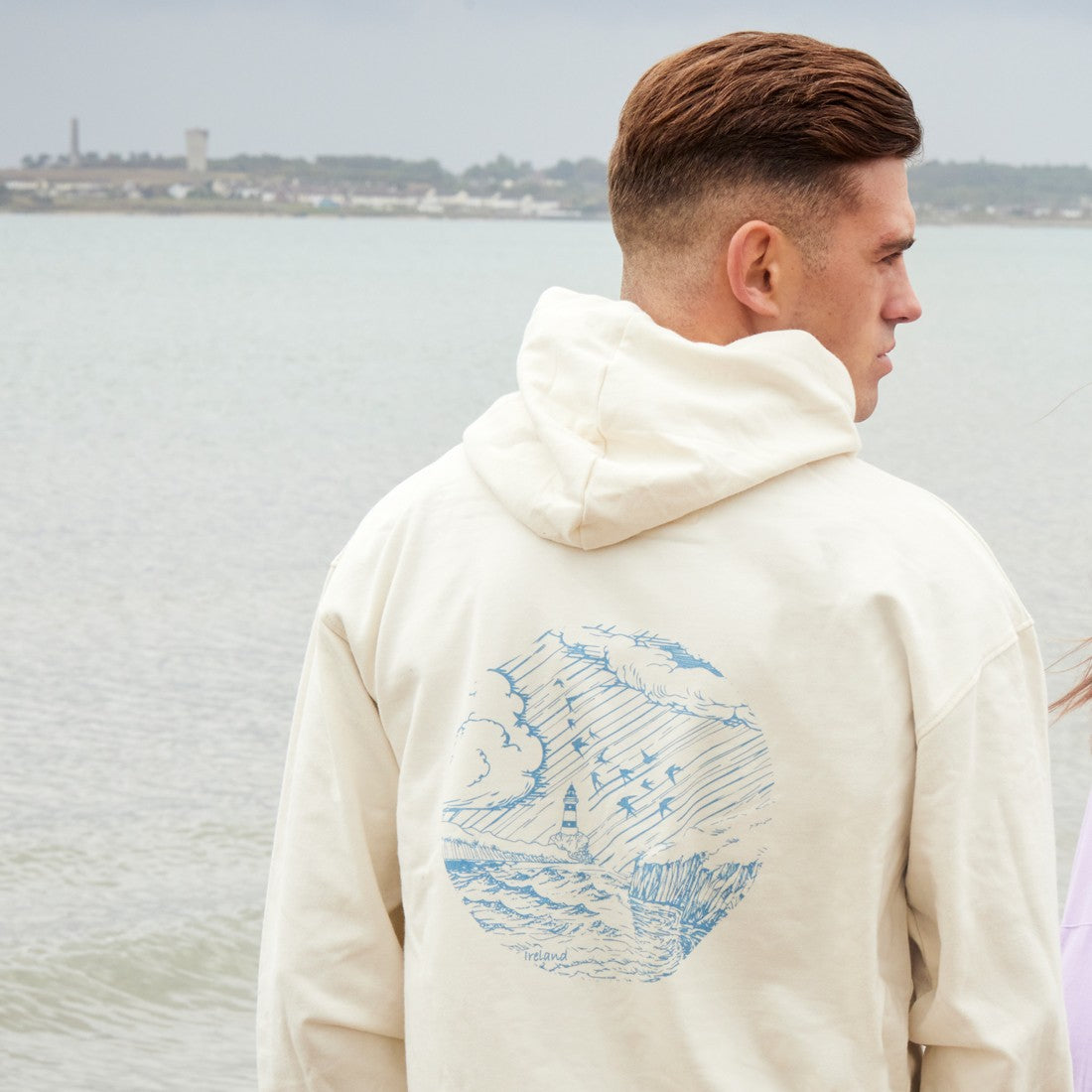 Green Island Lighthouse Sketch Cross Hoodie in Cream