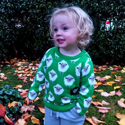 Sheep All Over Print Kids Knit Jumper in Green