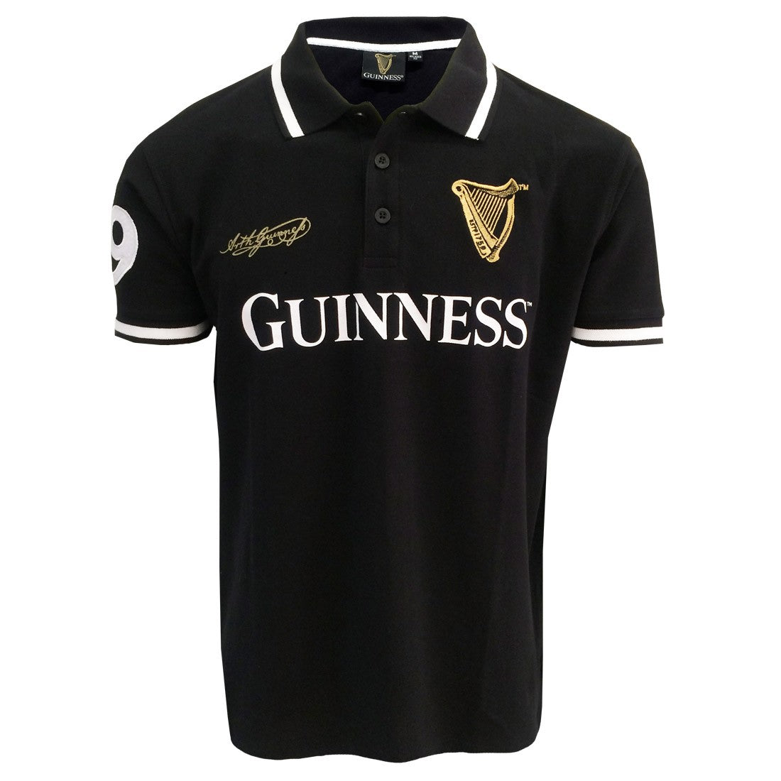 Guinness 59 White Stripe Collar Short Sleeve Polo in Black