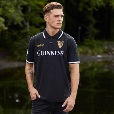 Guinness 59 White Stripe Collar Short Sleeve Polo in Black