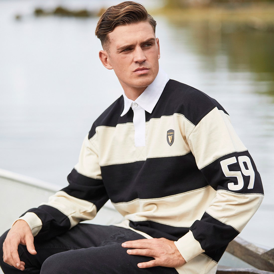 Guinness Black & Cream Long Sleeve Rugby Shirt for Men