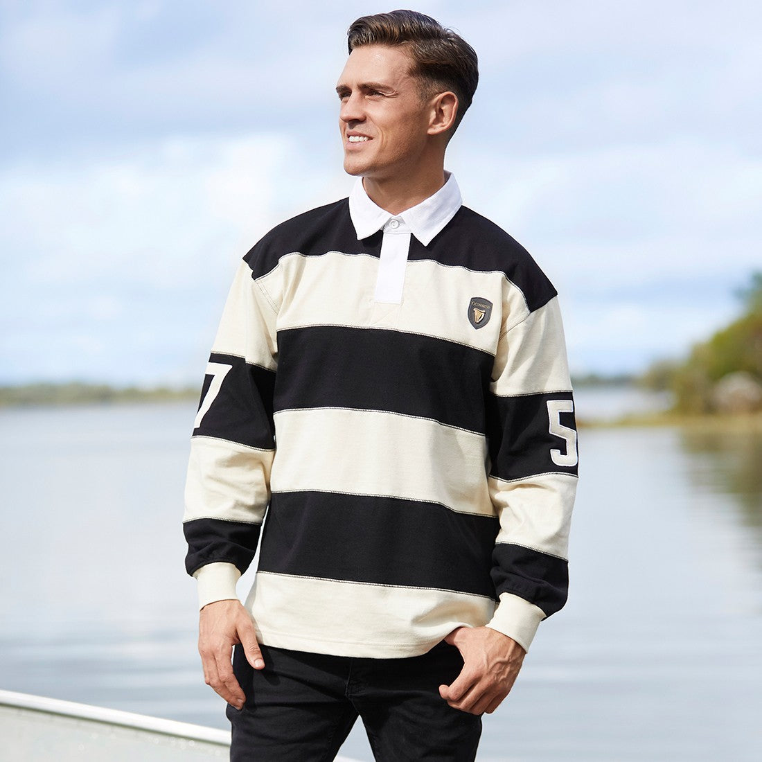 Guinness Black & Cream Long Sleeve Rugby Shirt for Men