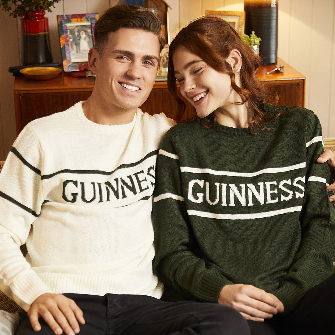 Guinness Bottle Green Crew Neck Cream Stripe Jumper