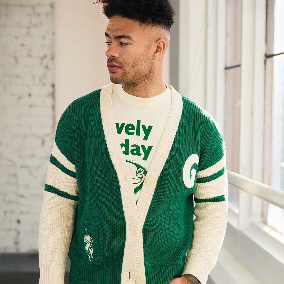 Guinness Cardigan in Cream & Spring Green