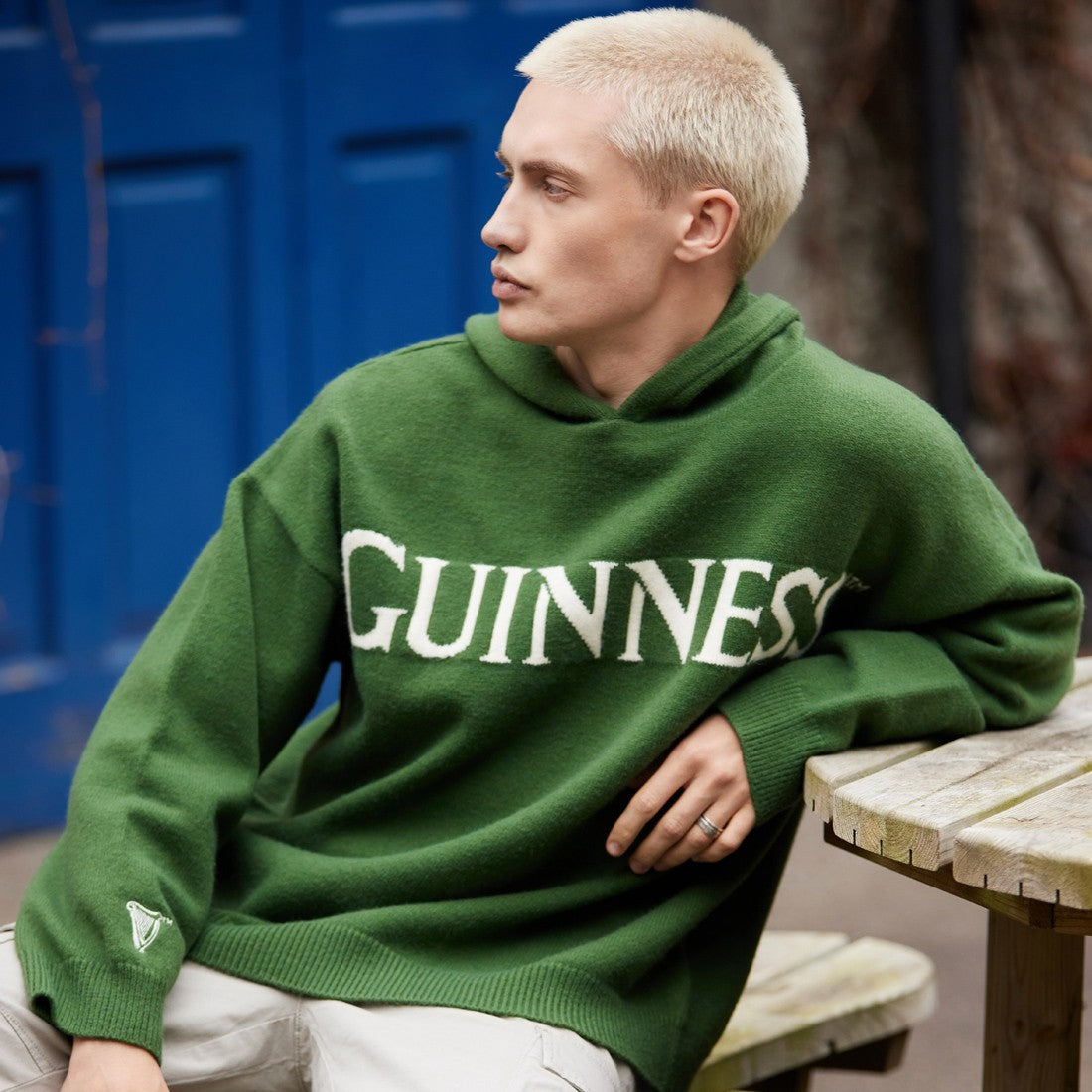 Guinness Harp Sleeve Knit Hoody in Sage Green & Cream