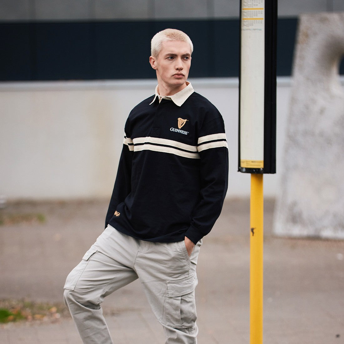 Guinness Harp Stripe Long Sleeve Rugby Shirt - Black & Cream