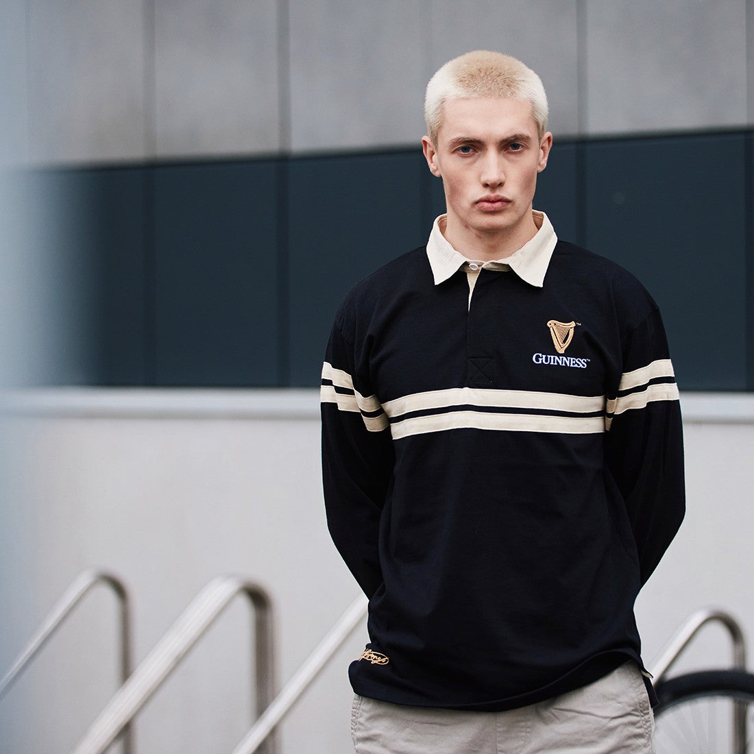 Guinness Harp Stripe Long Sleeve Rugby Shirt - Black & Cream