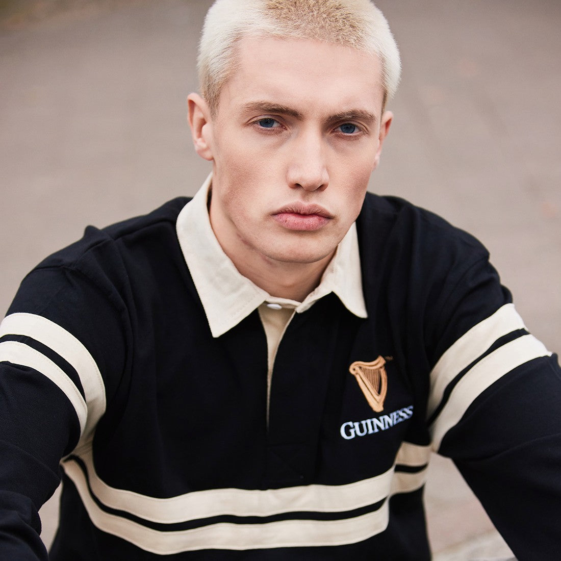 Guinness Harp Stripe Long Sleeve Rugby Shirt - Black & Cream