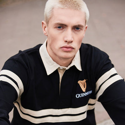 Guinness Harp Stripe Long Sleeve Rugby Shirt - Black & Cream