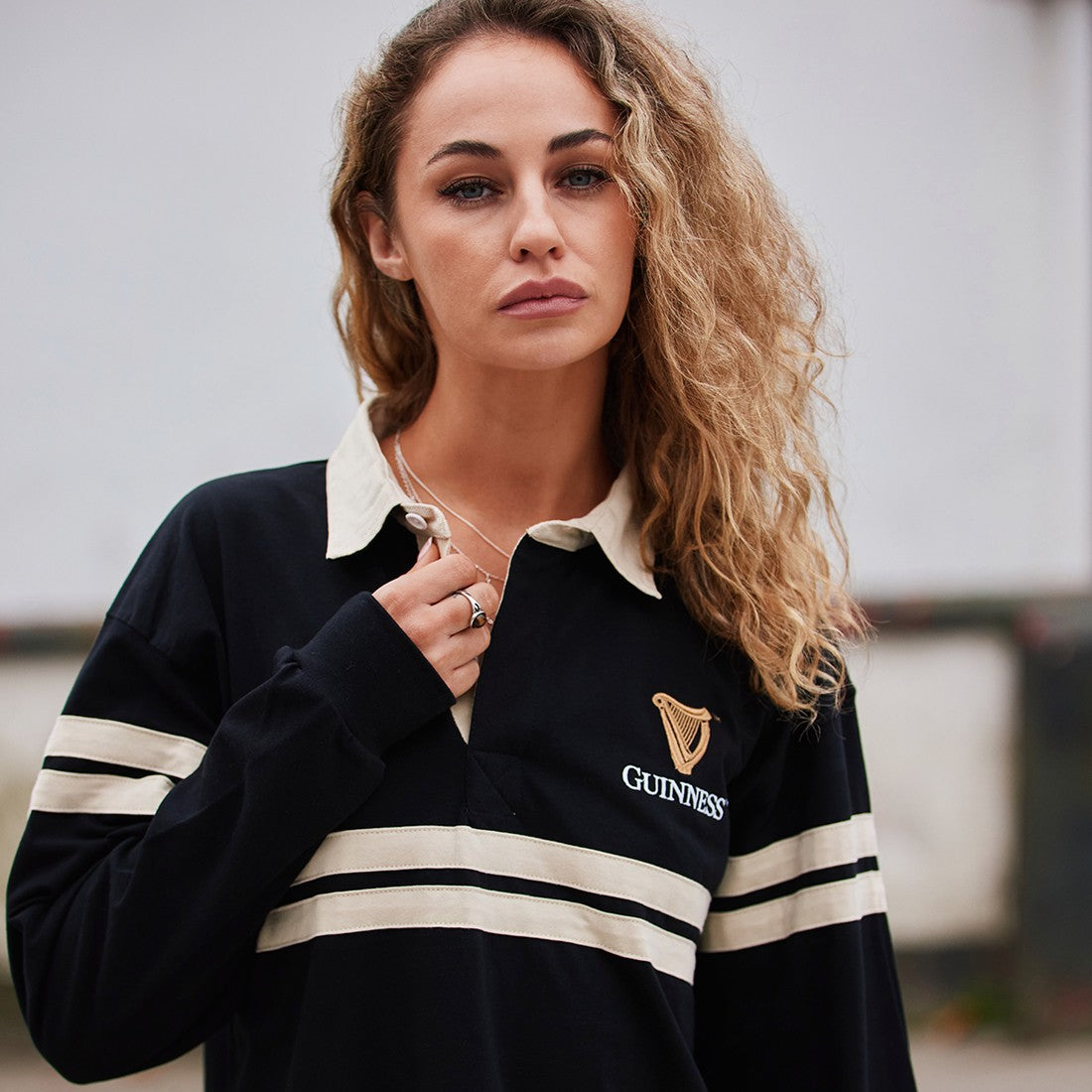 Guinness Harp Stripe Long Sleeve Rugby Shirt - Black & Cream