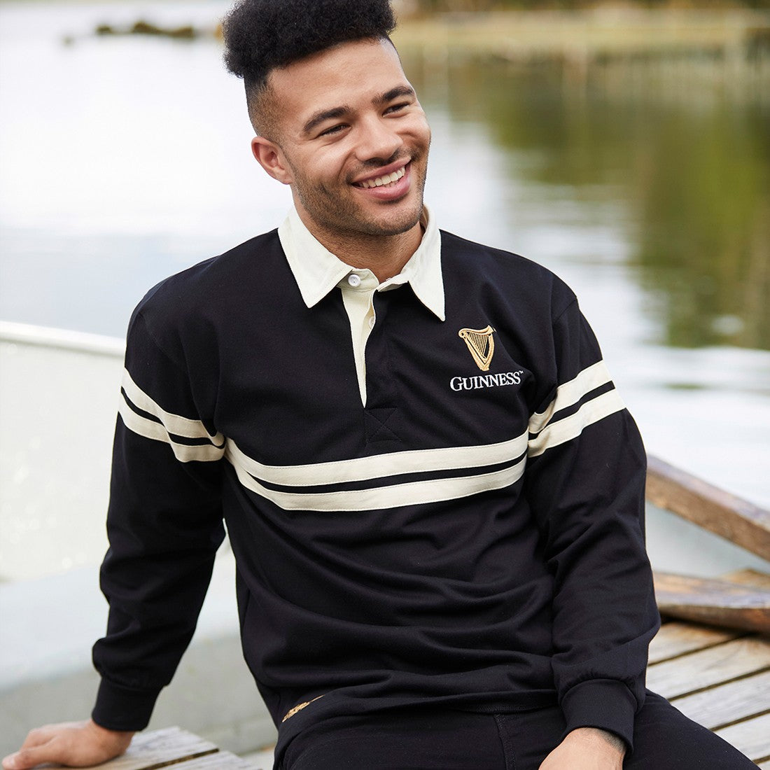 Guinness Harp Stripe Long Sleeve Rugby Shirt - Black & Cream