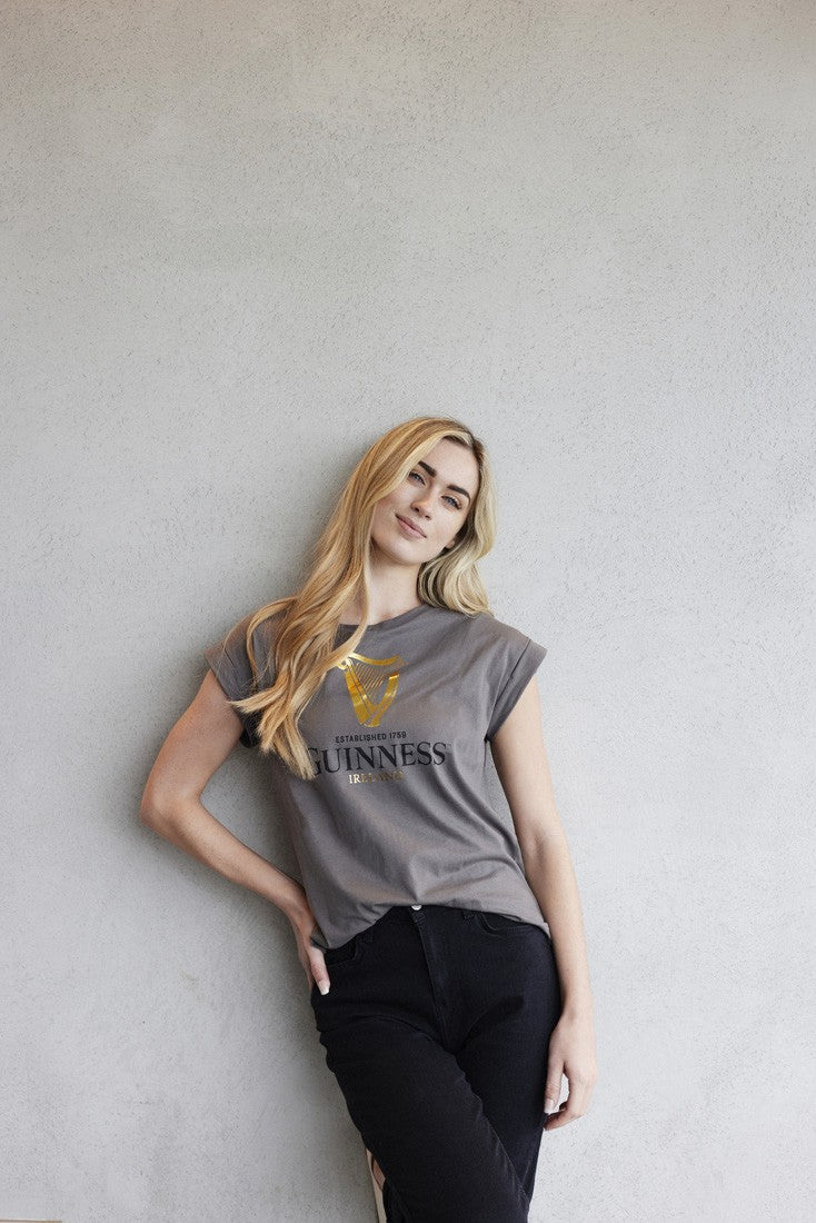 Guinness Ladies Pewter Foil Harp Roll Sleeve T-Shirt