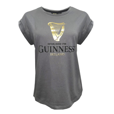 Guinness Ladies Pewter Foil Harp Roll Sleeve T-Shirt