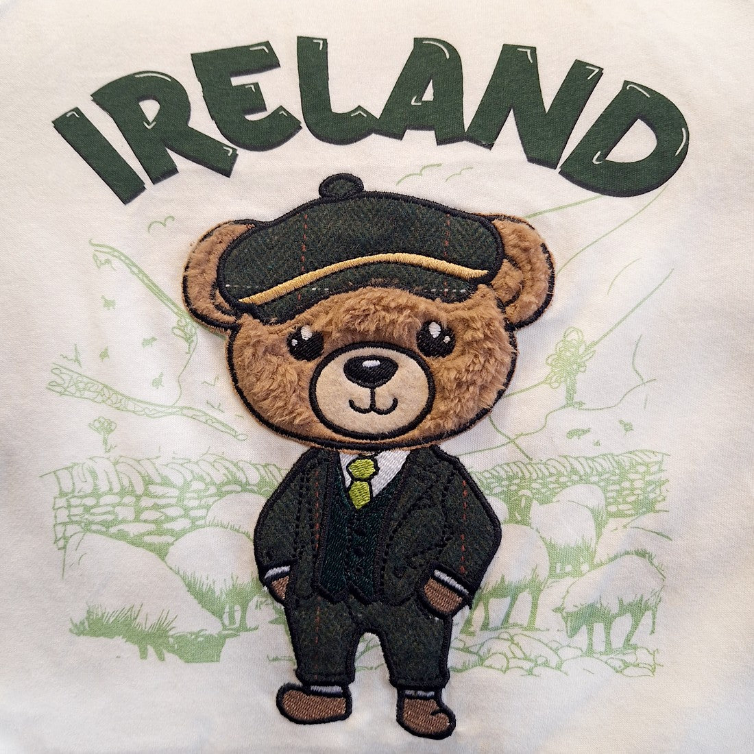 Ireland Bear Kids Raglan Hoodie in Mid Green & Cream