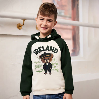 Ireland Bear Kids Raglan Hoodie in Mid Green & Cream