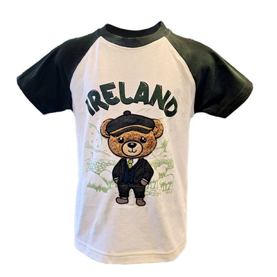Ireland Bear Kids Raglan T-Shirt in Mid Green & Cream