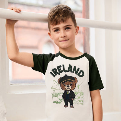 Ireland Bear Kids Raglan T-Shirt in Mid Green & Cream
