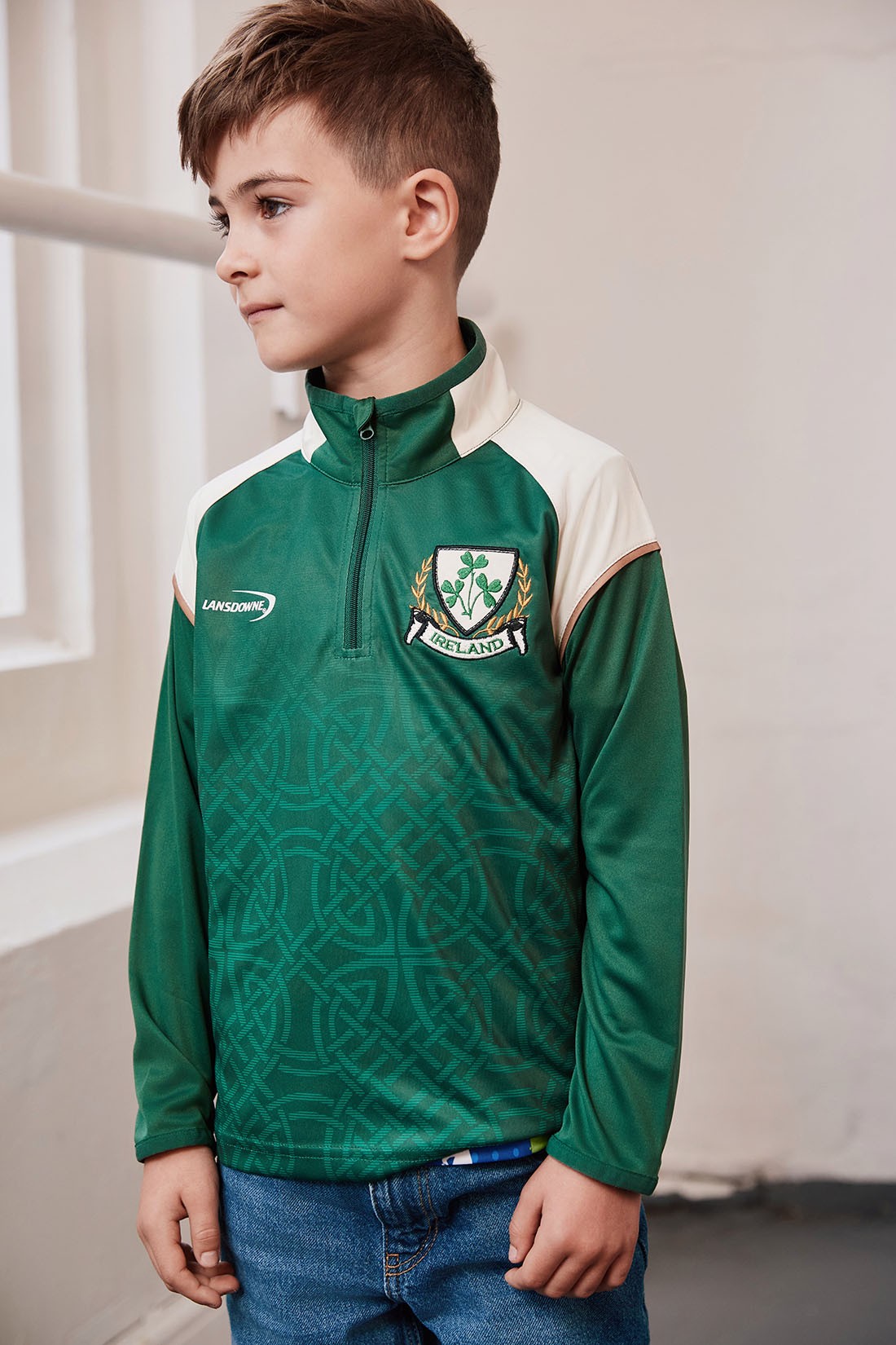 Ireland Celtic Sublimated Kids 1/4 Zip Top in Bottle Green