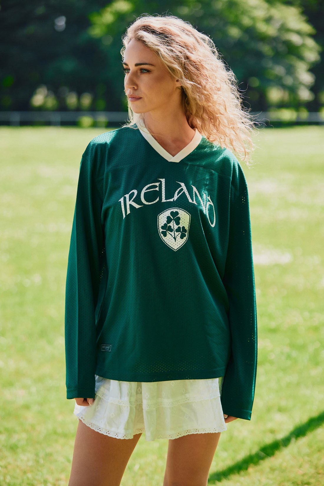 Ireland Crest Long Sleeve Mesh Top in Green & Cream