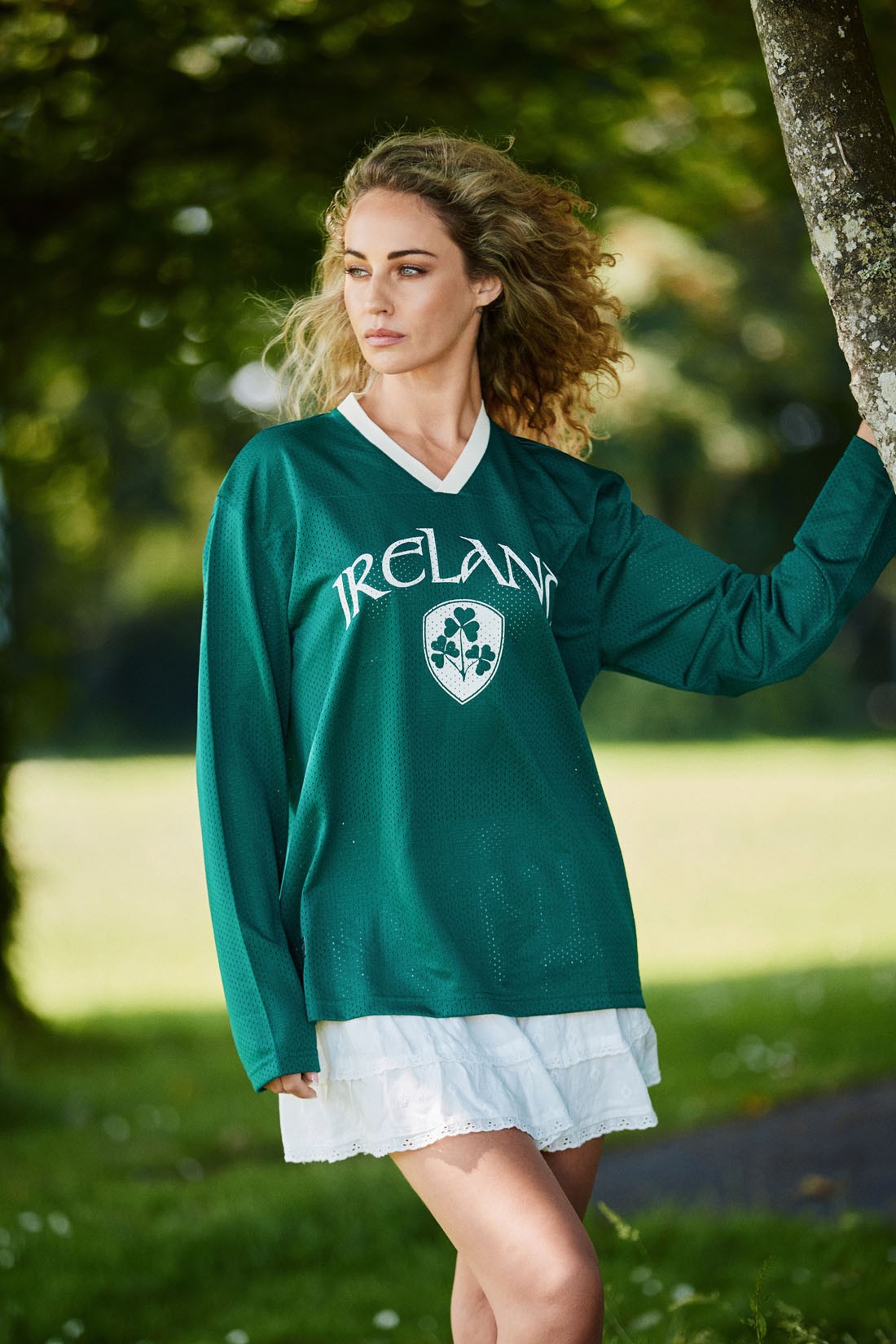 Ireland Crest Long Sleeve Mesh Top in Green & Cream