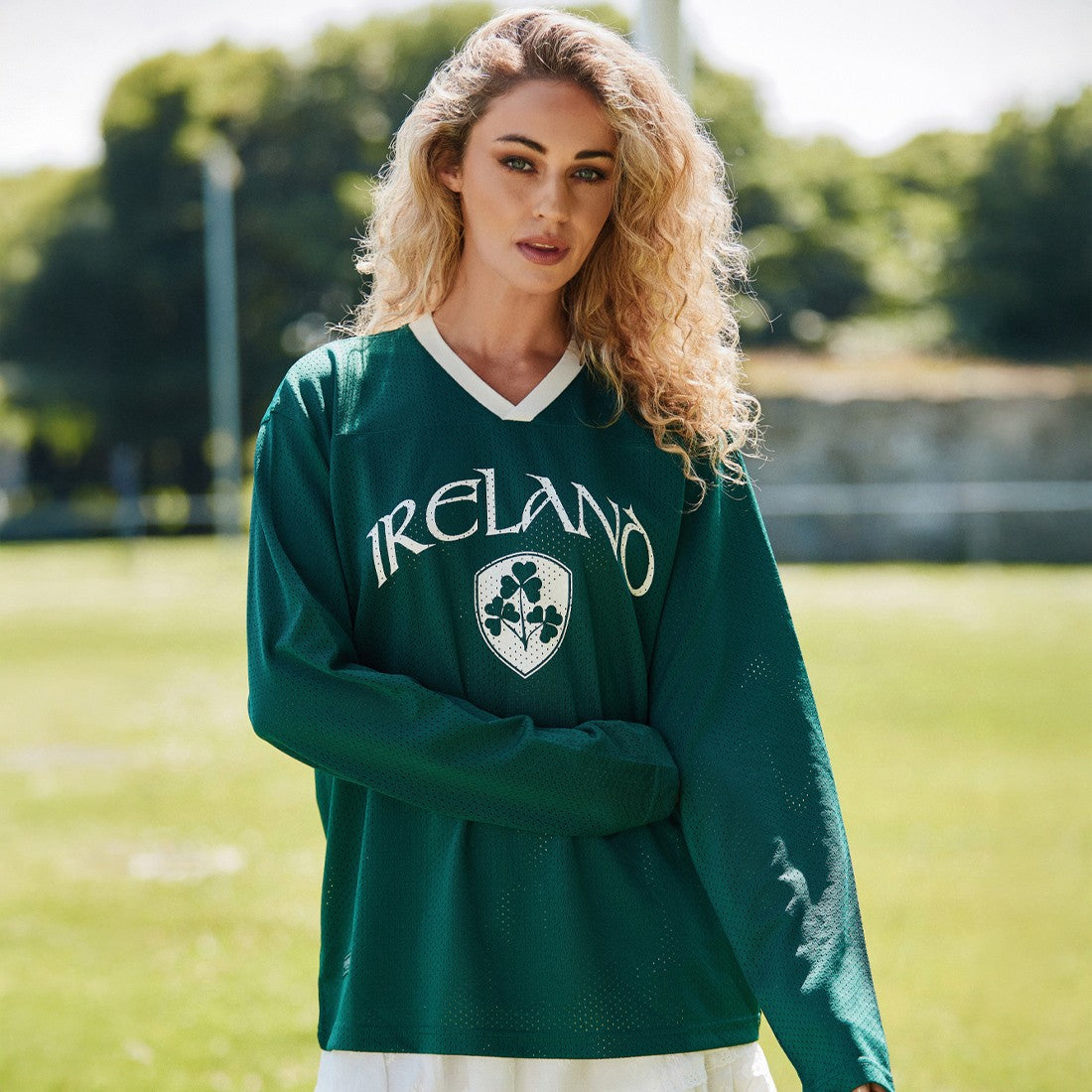 Ireland Crest Long Sleeve Mesh Top in Green & Cream