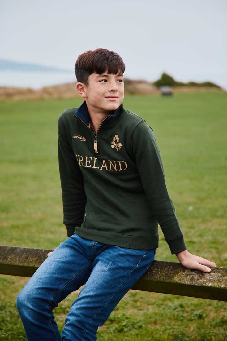 Ireland Gold Shamrock Kids 1/4 Zip Top in Bottle Green