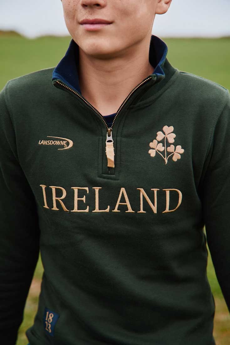 Ireland Gold Shamrock Kids 1/4 Zip Top in Bottle Green